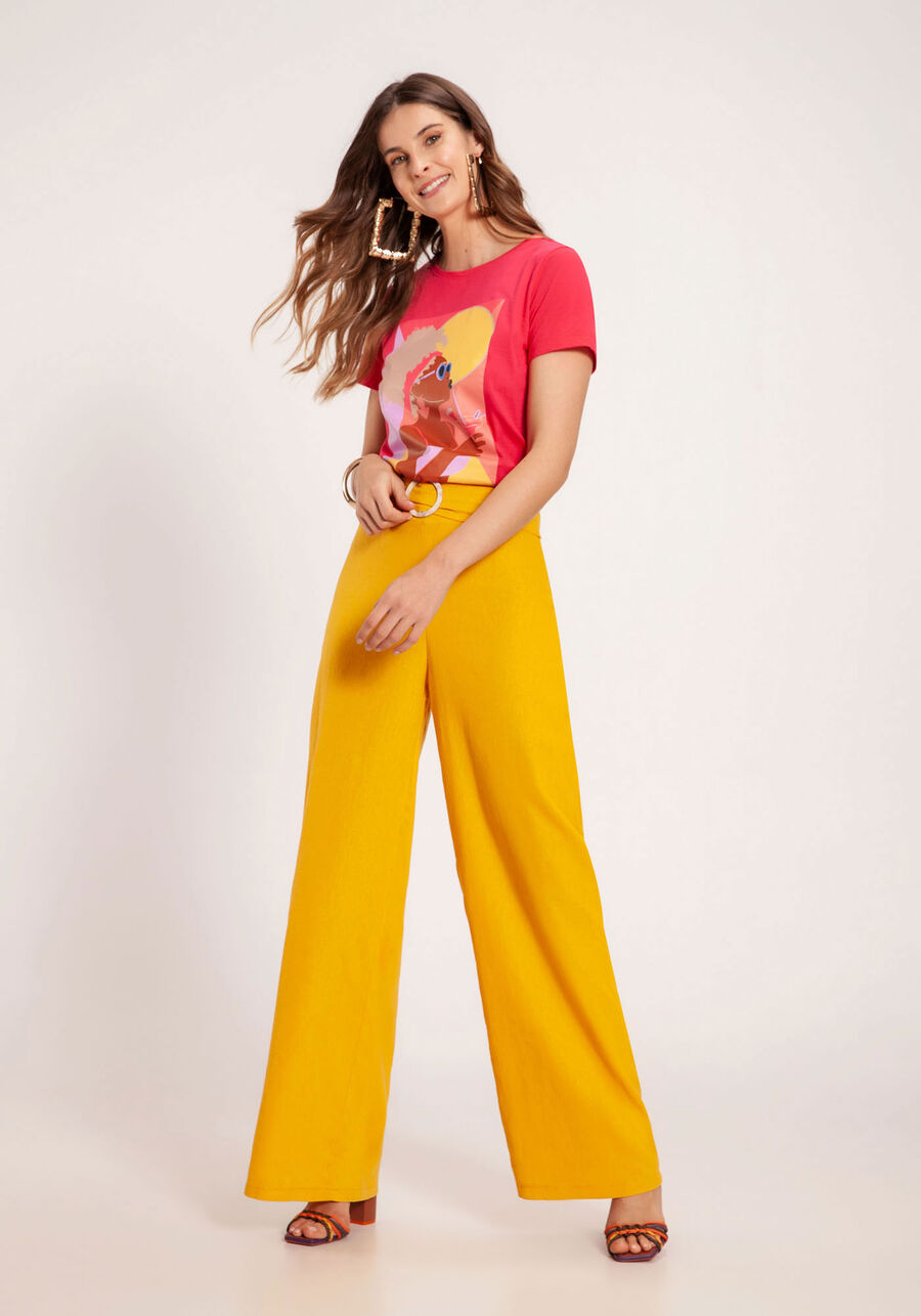 Calça Pantalona em Linho com Cinto, AMARELO GAMUZA. Calça Pantalona em Linho com Cinto, AMARELO GAMUZA, large.