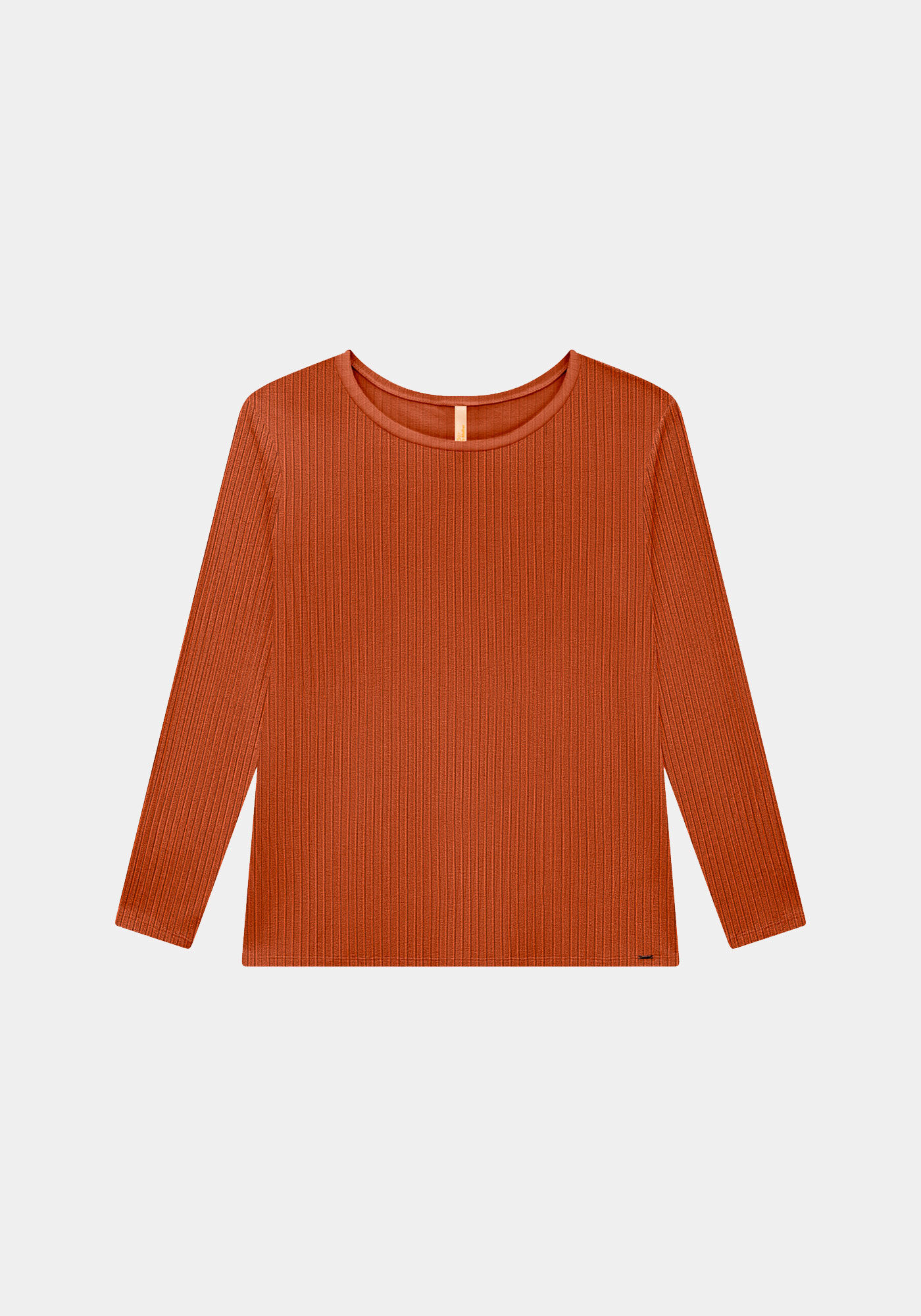 Blusa B&aacute;sica De Mangas Longas Plus Size Em Malha Canelada, LARANJA FERRUGEM, large.