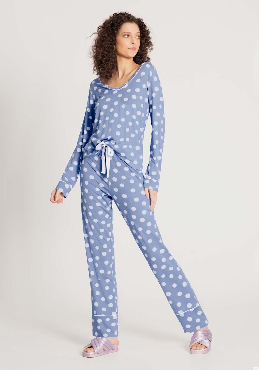 Pijama Longo em Malha com Calça e Blusa Manga Longa, CONFETTI AZUL, large.