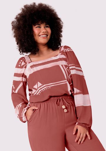 Blusa Estampada Plus Size com Decote Quadrado, ESSENCIA BORDO. Blusa Estampada Plus Size com Decote Quadrado, ESSENCIA BORDO, large.