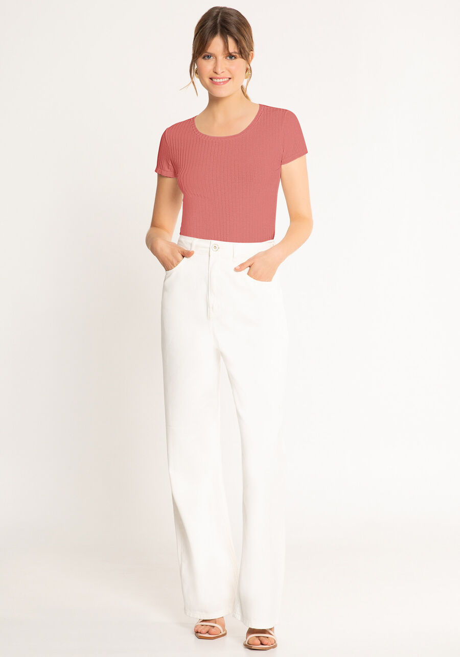 Blusa Em Malha Canelada Com Mangas Curtas E Decote Redondo, . Blusa Em Malha Canelada Com Mangas Curtas E Decote Redondo, , large.