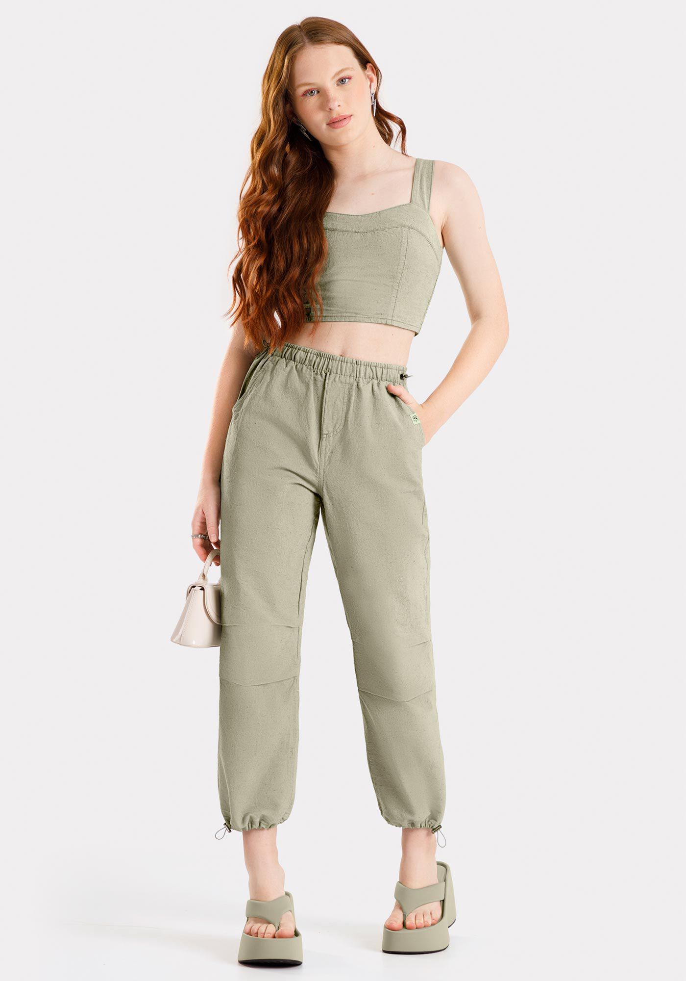 Conjunto saia cargo e blusa Cropped juvenil sustent&aacute;vel, VERDE CORAL, large.