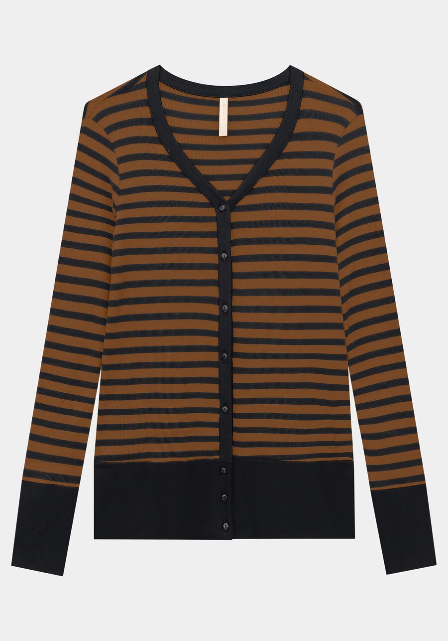 Cardigan Listrado Recorte Barra, MARROM GROOT. Cardigan Listrado Recorte Barra, MARROM GROOT, large.