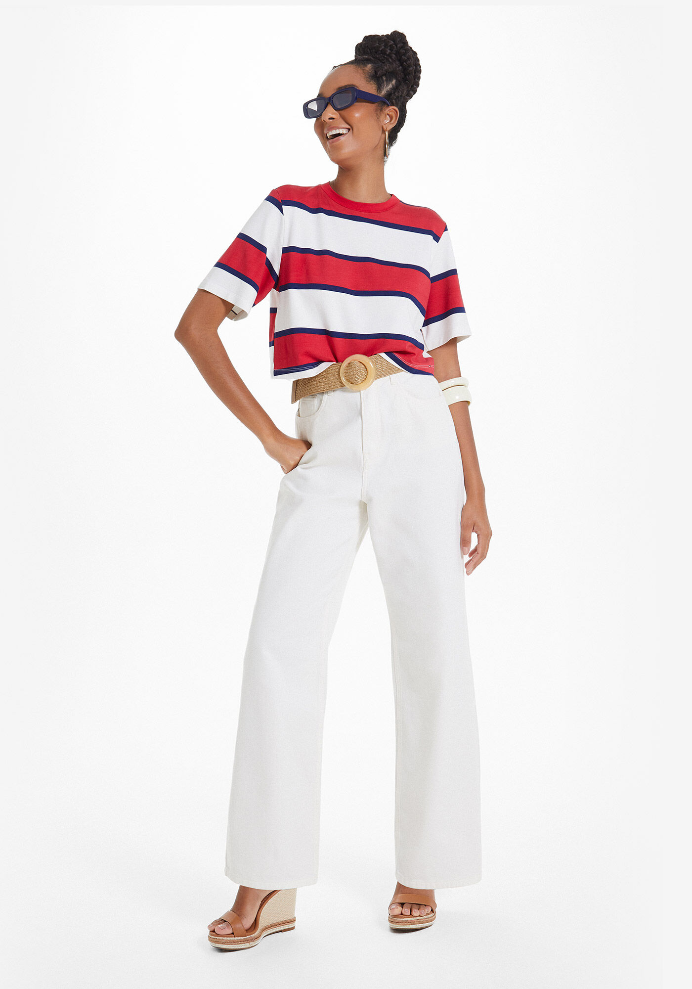 Cal&ccedil;a Sarja Wide Leg com Cintura Alta, BRANCO OFF WHITE, large.