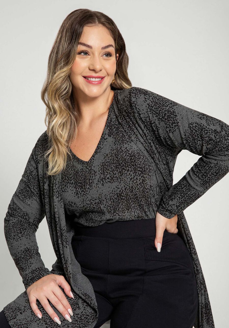 Cardigan Alongado Canelado Plus Size, RESPINGOS MESCLA E. Cardigan Alongado Canelado Plus Size, RESPINGOS MESCLA E, large.