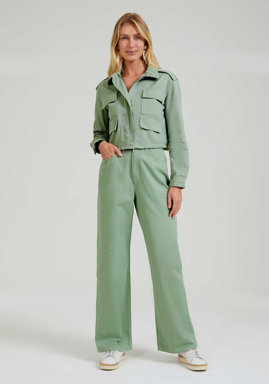 Jaqueta Sarja Cropped com Zíper, VERDE MINERAL. Jaqueta Sarja Cropped com Zíper, VERDE MINERAL, large.