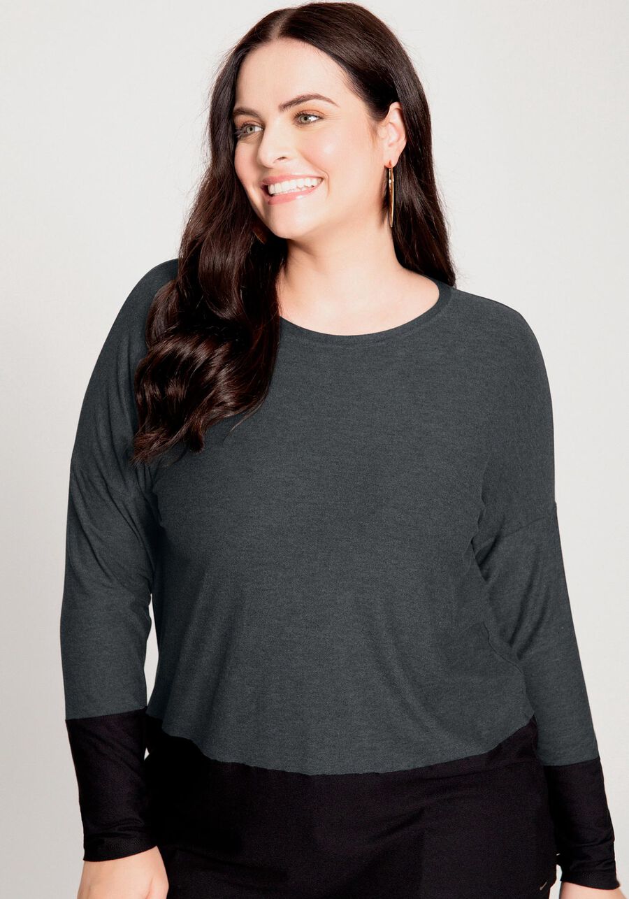 Blusa Manga Longa em Malha Bicolor Plus Size, . Blusa Manga Longa em Malha Bicolor Plus Size, , large.