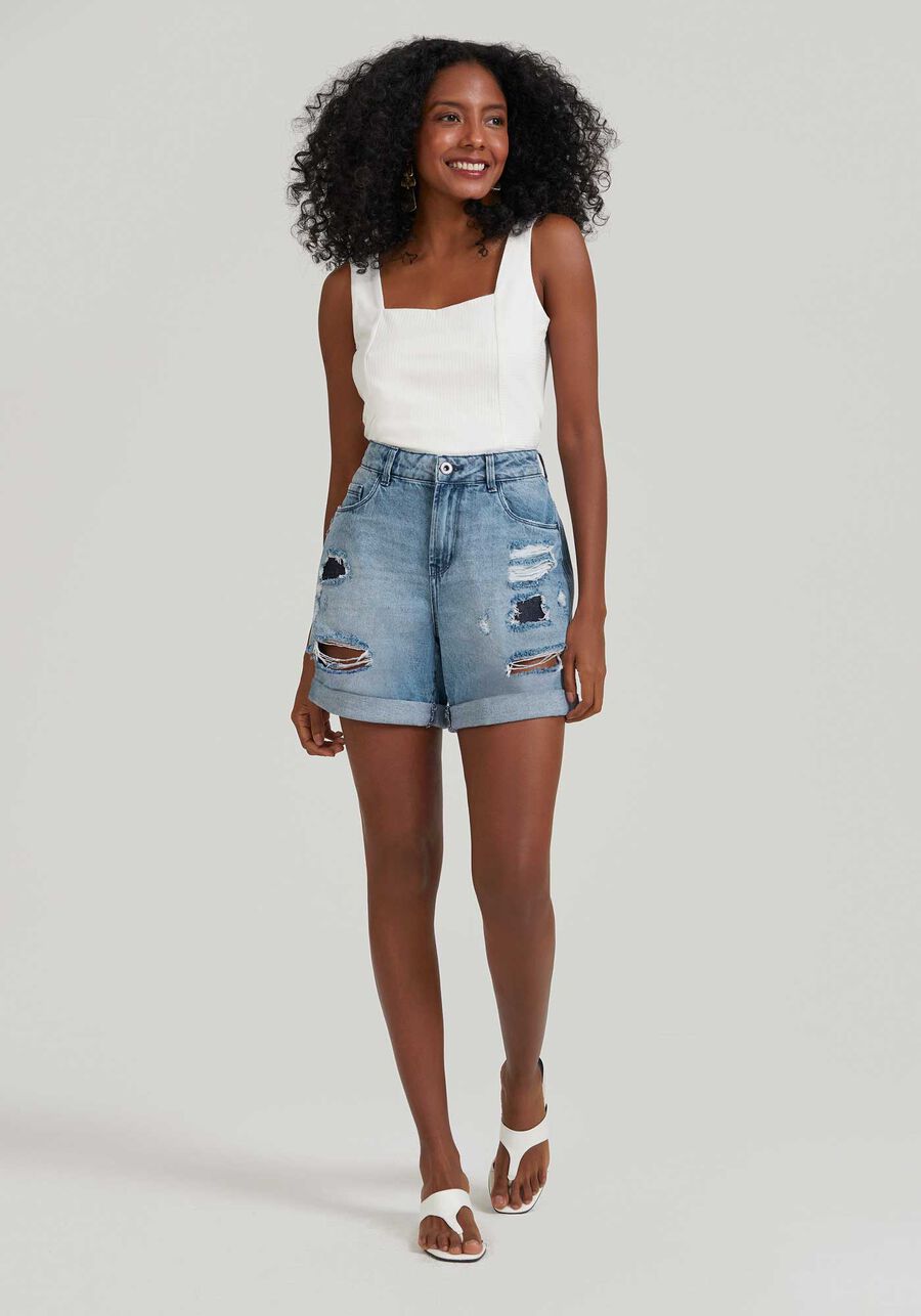 Shorts Jeans Boyfriend com Rasgados, JEANS, large.