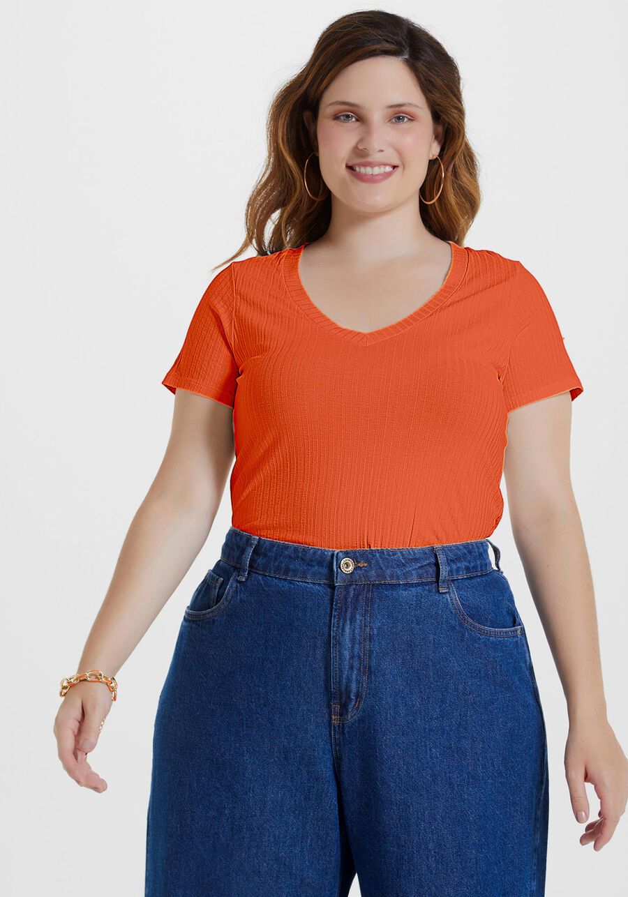 Blusa Básica Em Malha Canelada Com Mangas Curtas E Decote V, . Blusa Básica Em Malha Canelada Com Mangas Curtas E Decote V, , large.