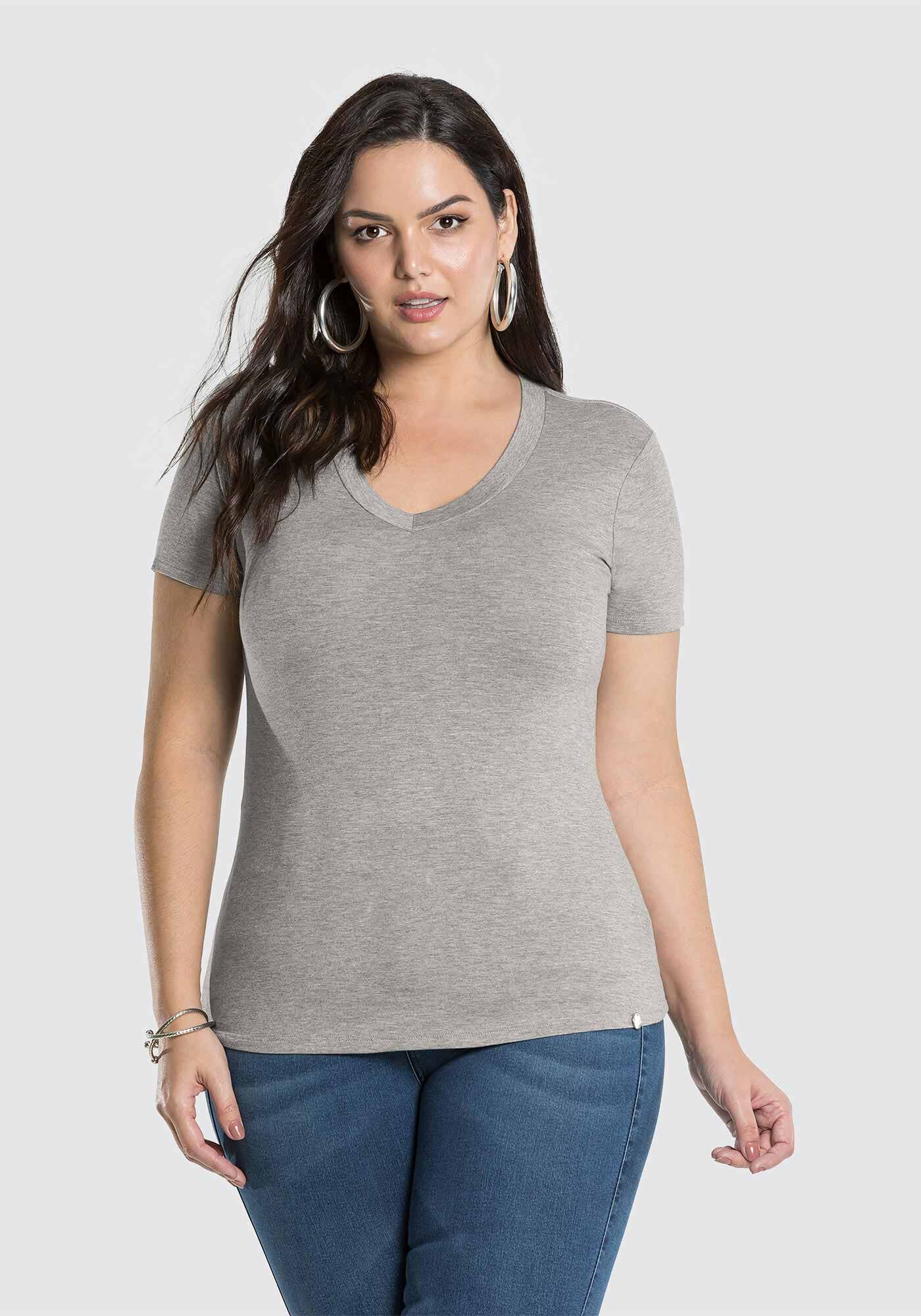 Blusa Plus Size Malha B&aacute;sica, MESCLA MEDIO, large.