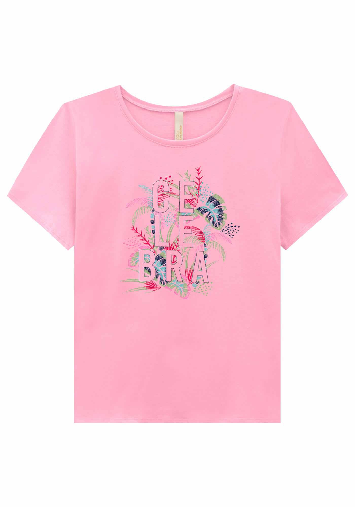 T-shirt Plus Size em Malha Estampa Celebra, ROSA FRESH NEON, large.
