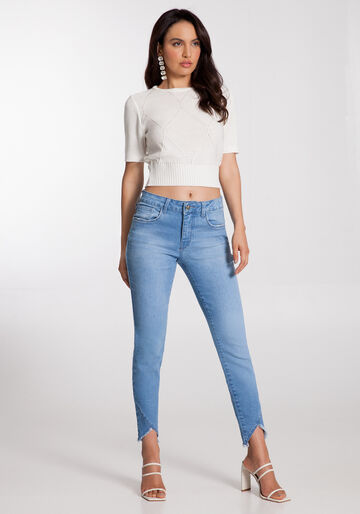 Calça Jeans Skinny Cropped com Detalhe Barra, JEANS, large.