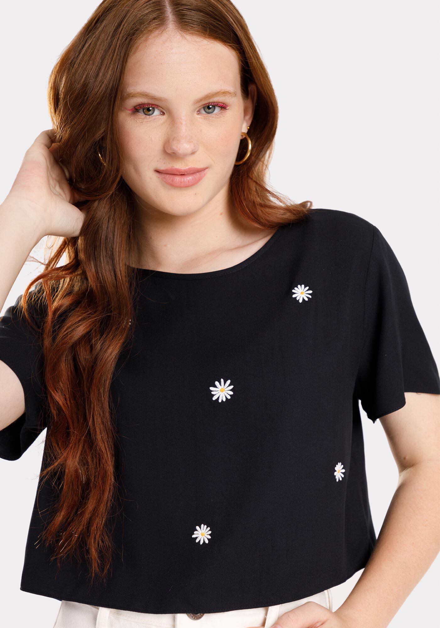 Blusa Cropped Juvenil em Viscose com Bordado, , large.