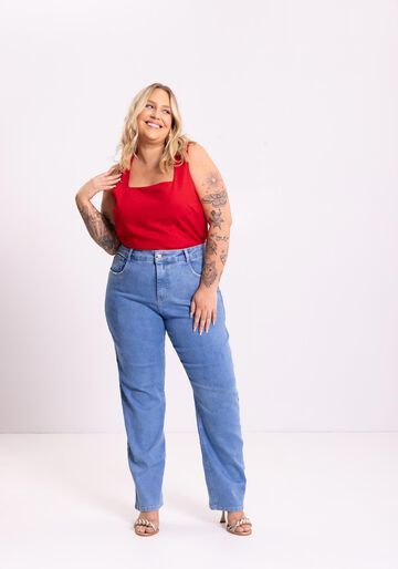 Calça Jeans Reta Com Cintura Alta E Elastano Chapa Barriga, JEANS. Calça Jeans Reta Com Cintura Alta E Elastano Chapa Barriga, JEANS, large.
