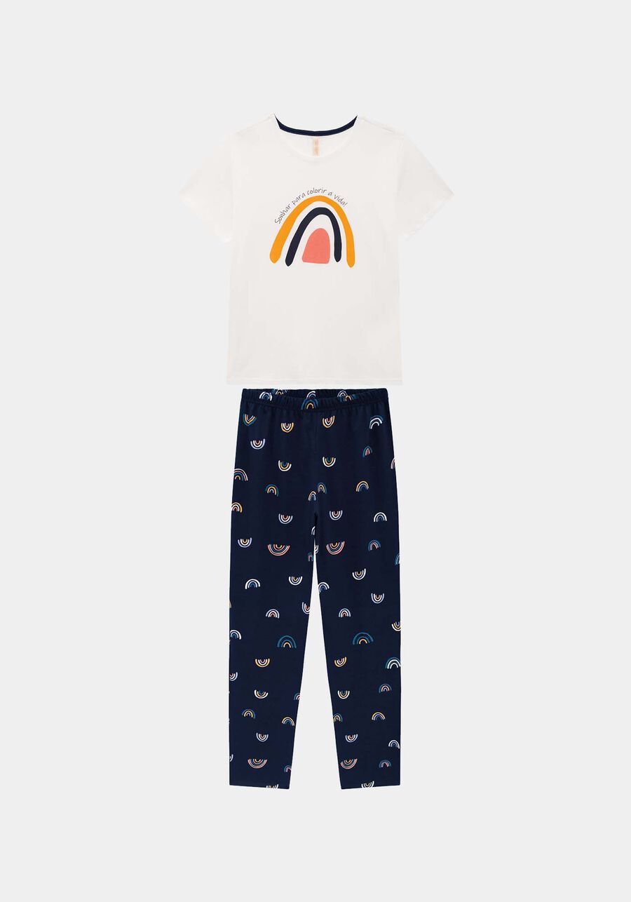 Pijama Blusa e Calça em Malha Estampado, ARCO IRIS MARINHO. Pijama Blusa e Calça em Malha Estampado, ARCO IRIS MARINHO, large.