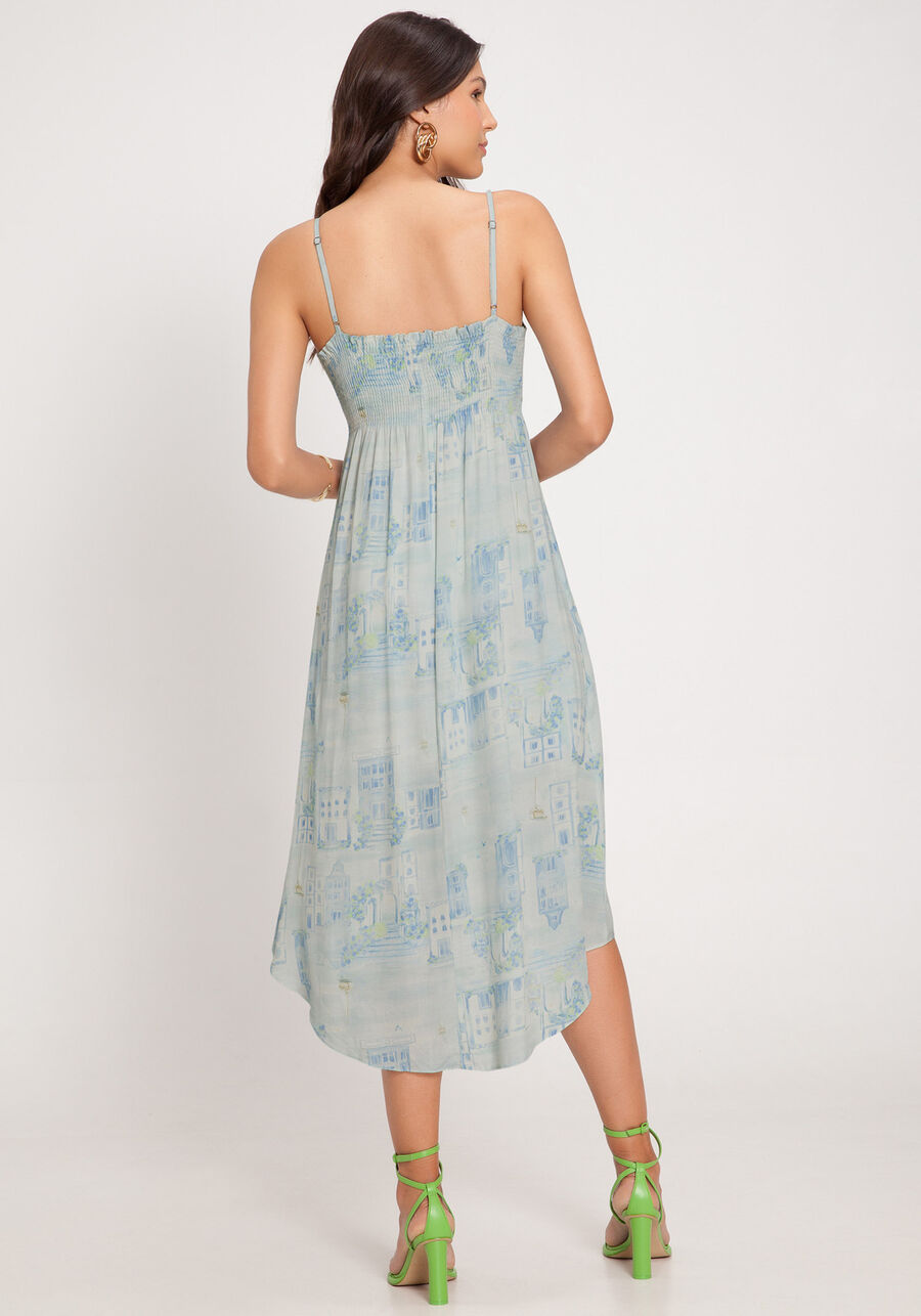 Vestido Midi Estampado em Viscose com Franzido, ACORES AZUL, large.