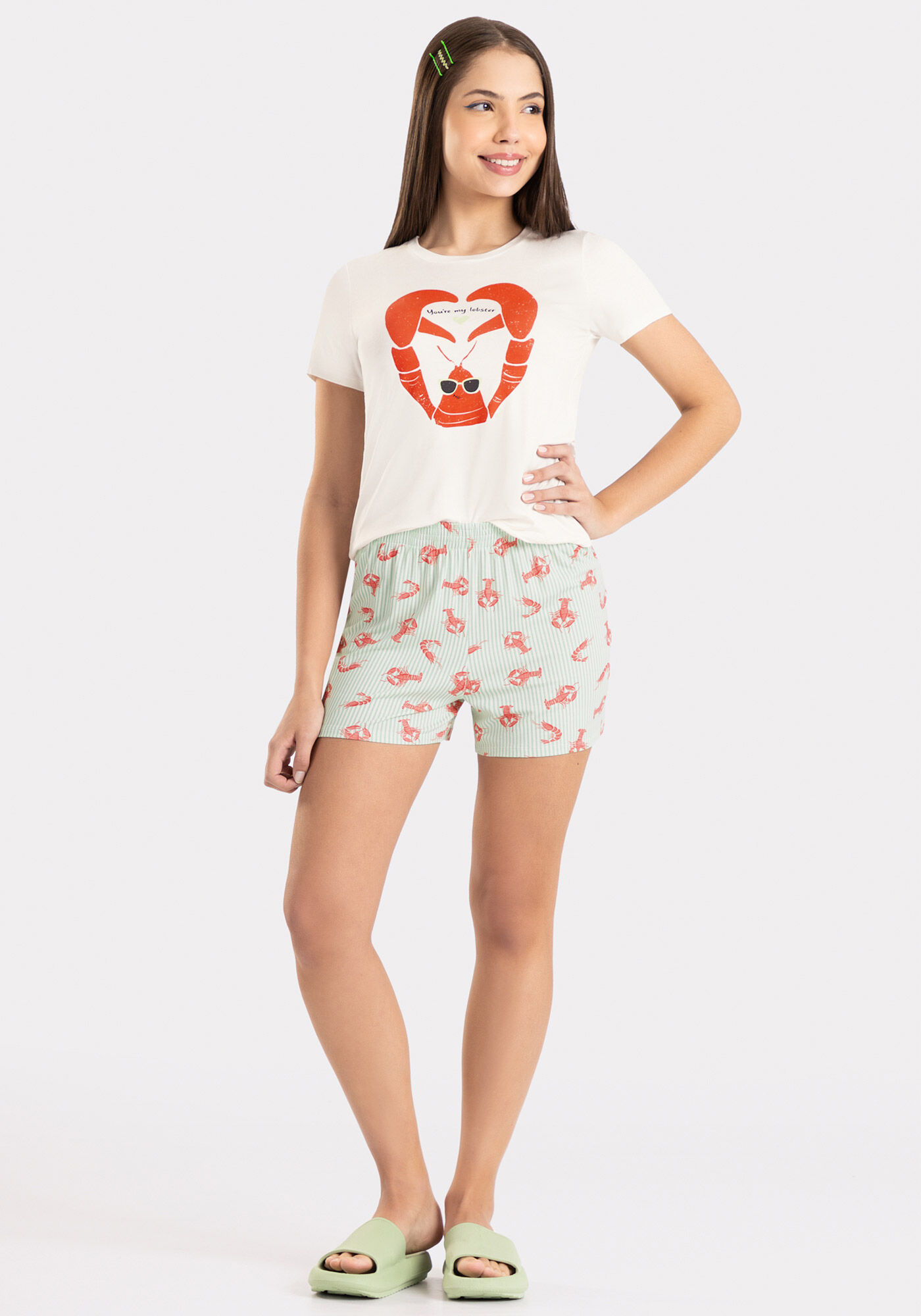 Pijama Curto Juvenil Estampado com Blusa e Shorts, LOBSTER VERDE, large.