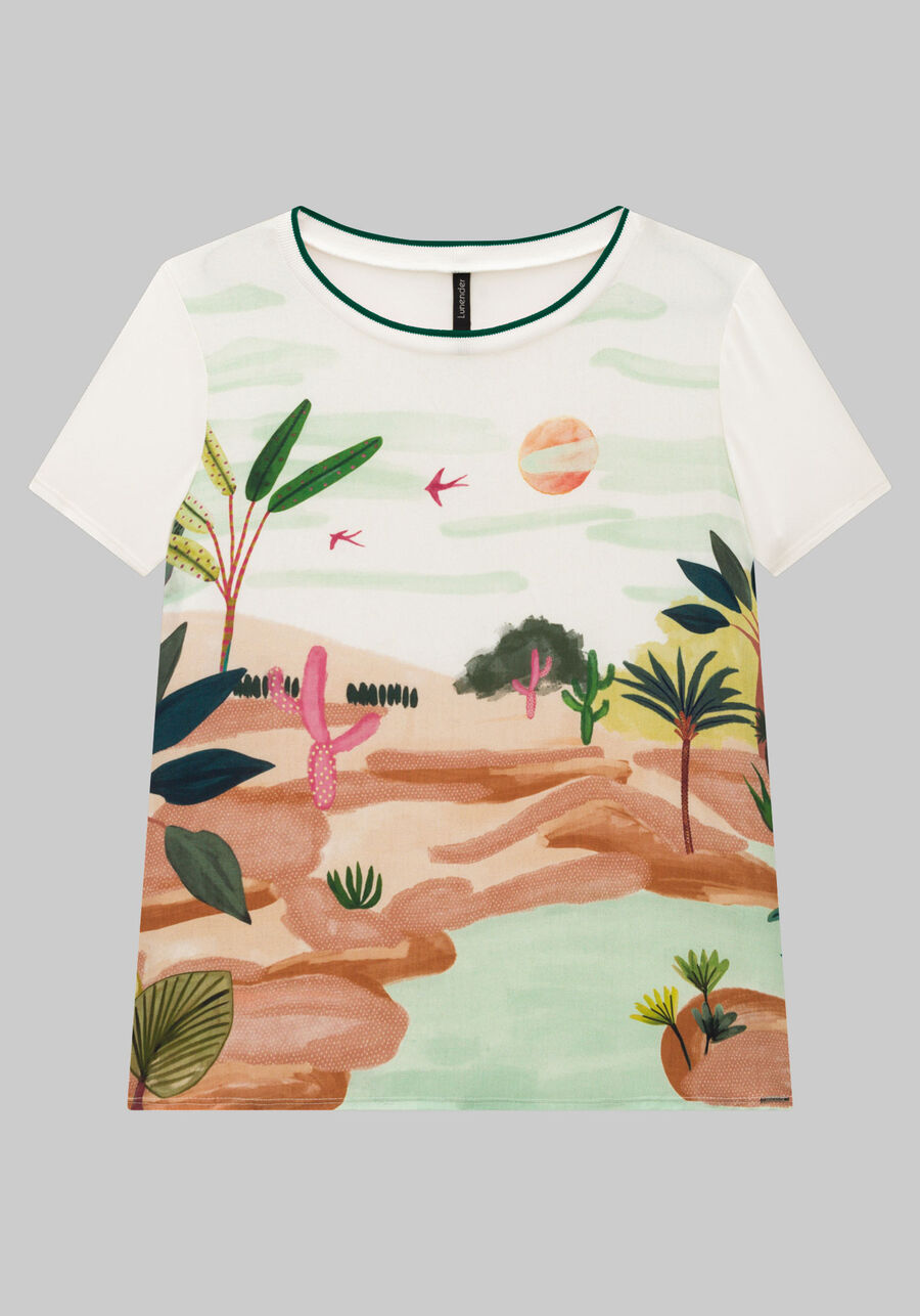 Blusa Manga Curta Estampada com Retilínea Gola, . Blusa Manga Curta Estampada com Retilínea Gola, , large.