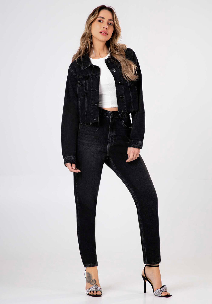 Jaqueta Cropped Jeans Preta com Bordado, PRETO REATIVO. Jaqueta Cropped Jeans Preta com Bordado, PRETO REATIVO, large.