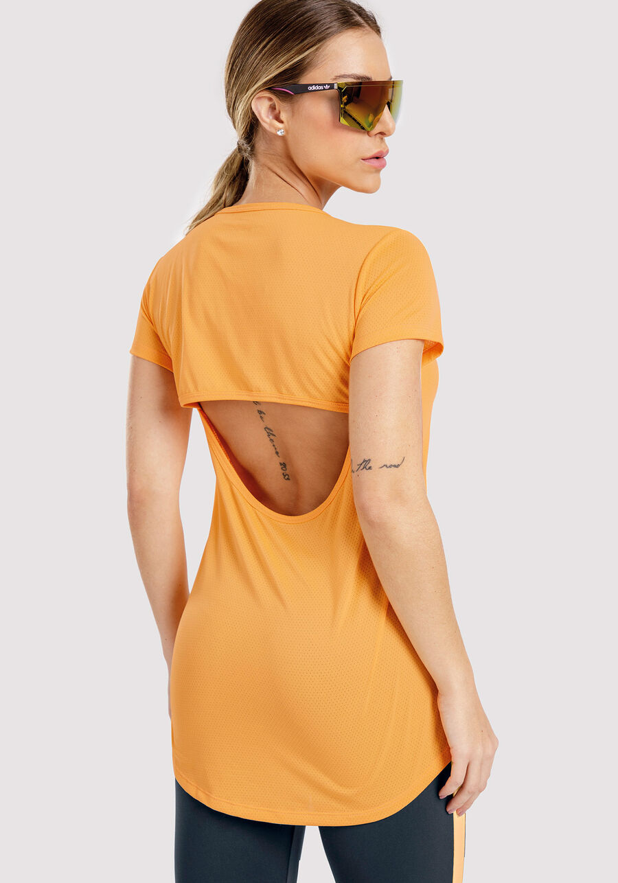 Blusa Mullet De Mangas Curtas Com Abertura Nas Costas, LARANJA BRIGHT. Blusa Mullet De Mangas Curtas Com Abertura Nas Costas, LARANJA BRIGHT, large.