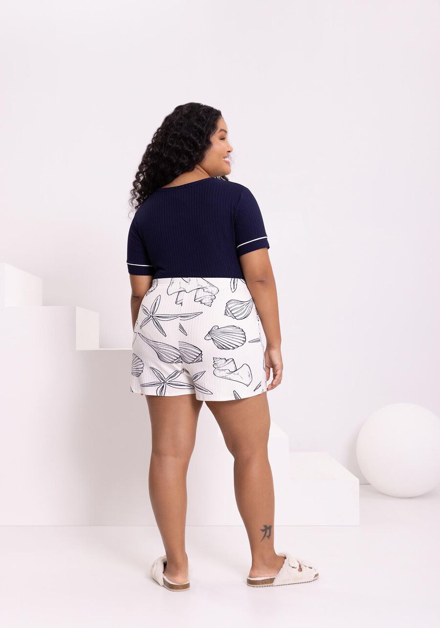 Pijama De Mangas Curtas Com Bordado E Shorts Estampado, CONCHAS OFF. Pijama De Mangas Curtas Com Bordado E Shorts Estampado, CONCHAS OFF, large.