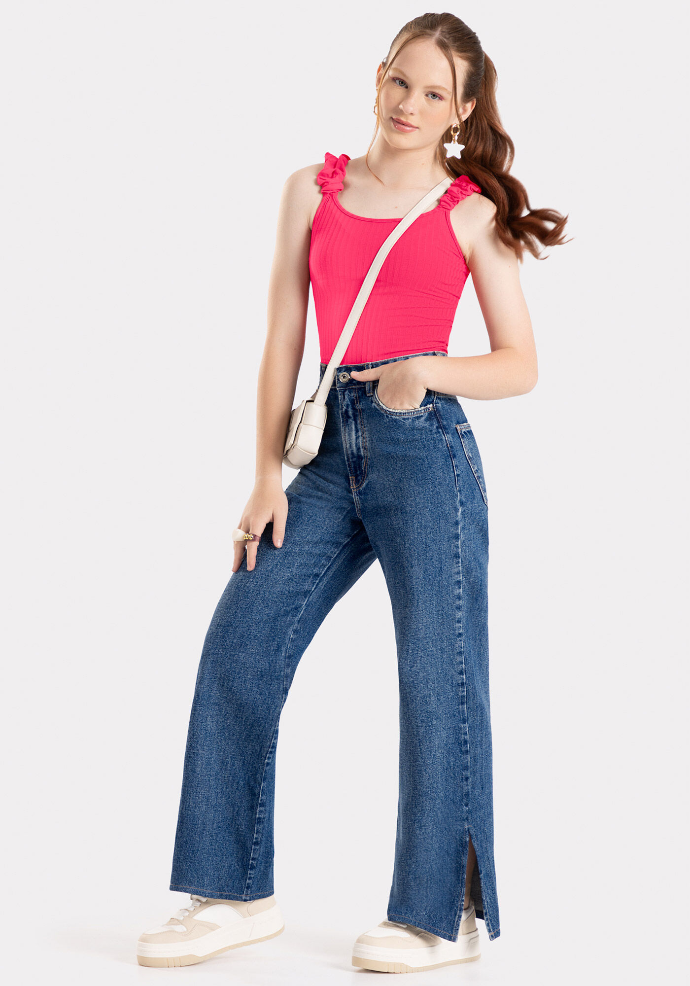 Cal&ccedil;a Jeans Juvenil Wide Leg com Fenda Lateral, JEANS ESCURO, large.