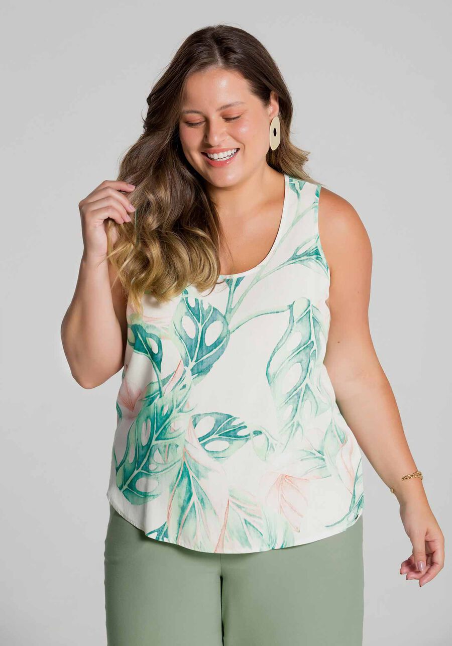 Regata Plus Size em Viscose Estampada, BRANCO OFF WHITE. Regata Plus Size em Viscose Estampada, BRANCO OFF WHITE, large.