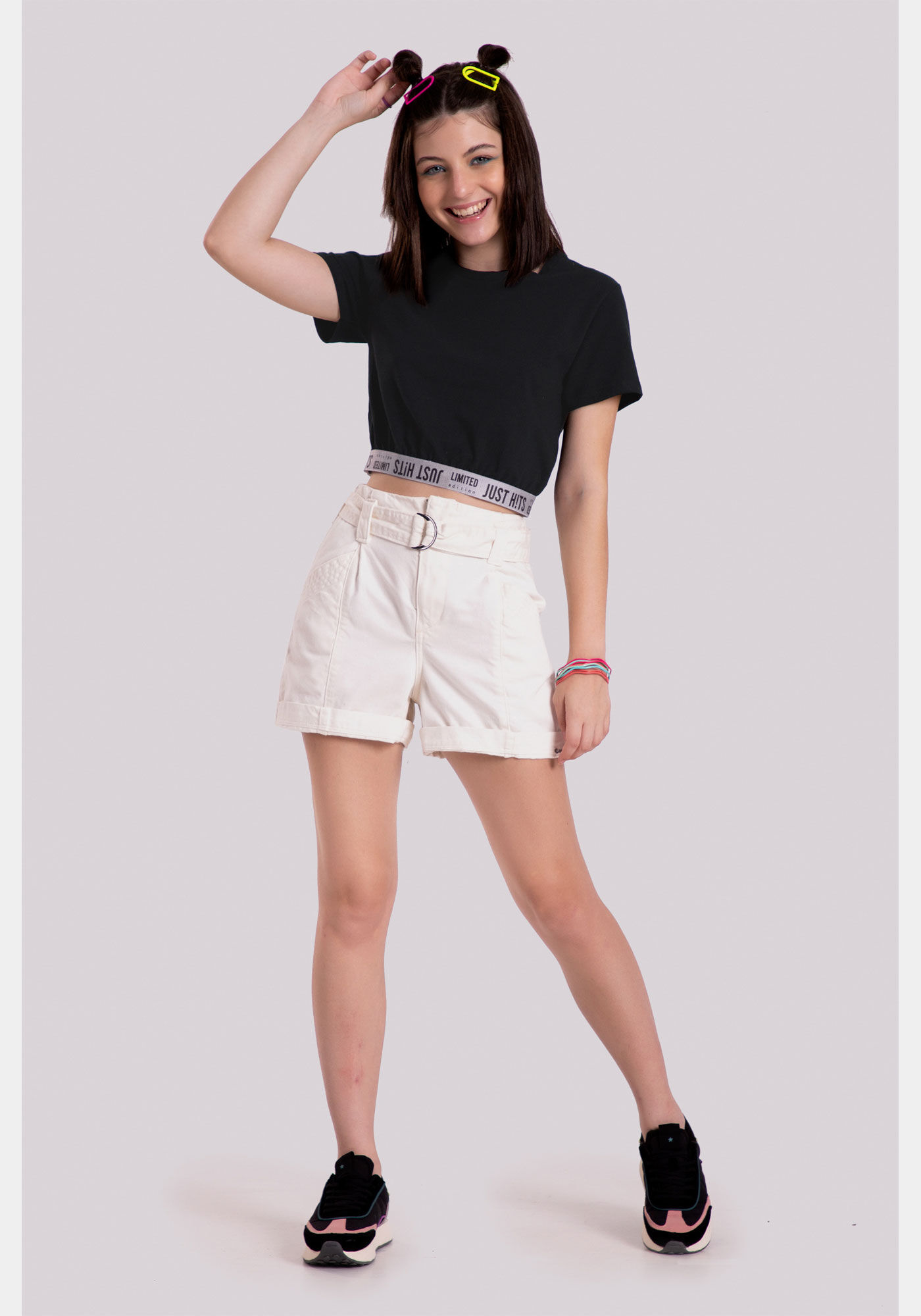 T-shirt Juvenil Cropped em Malha com El&aacute;stico HITS, , large.