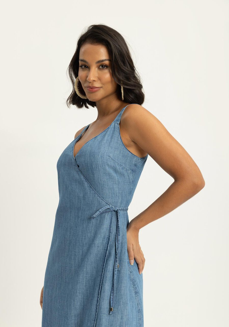 Vestido Jeans Envelope Midi Chá Com Cintura Ajustável, . Vestido Jeans Envelope Midi Chá Com Cintura Ajustável, , large.