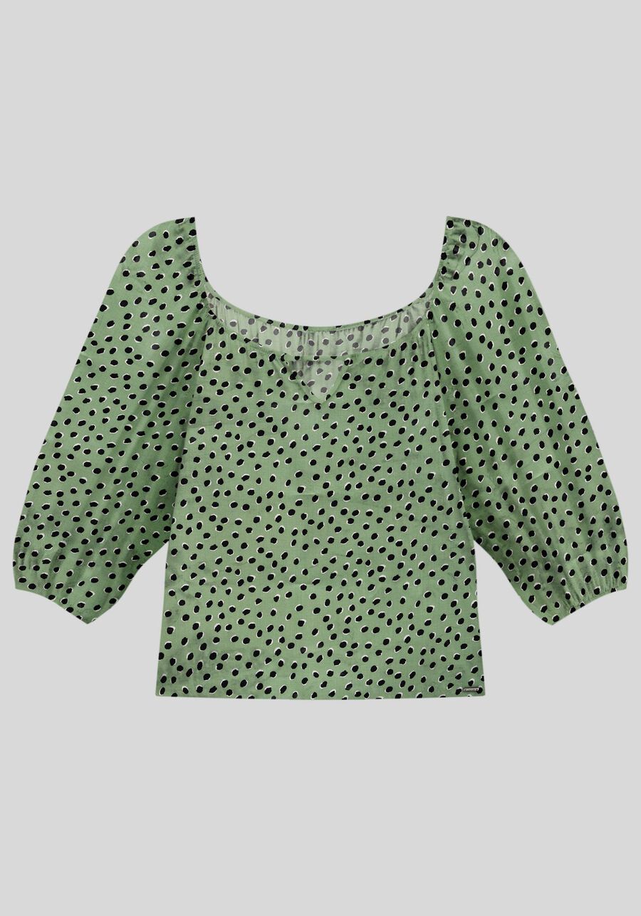 Blusa Plus Size Estampada com Manga 3/4 Bufante, PETALAS PRETO. Blusa Plus Size Estampada com Manga 3/4 Bufante, PETALAS PRETO, large.