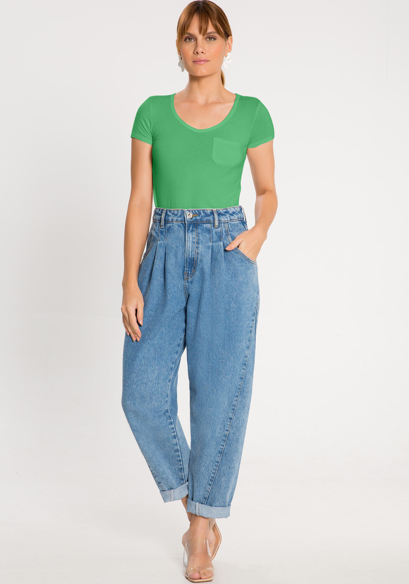 Blusa B&aacute;sica em Malha Viscose com Bolso, , large.