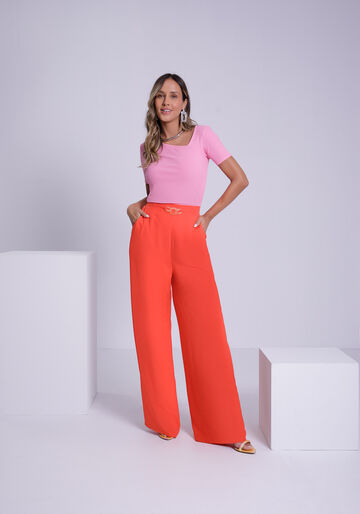 Calça Wide Leg em Viscose com Detalhe Cós, VERMELHO CEREJA. Calça Wide Leg em Viscose com Detalhe Cós, VERMELHO CEREJA, large.