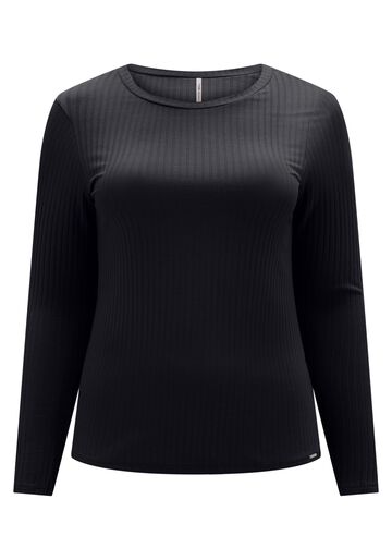Blusa Básica De Mangas Longas Plus Size Em Malha Canelada, PRETO REATIVO. Blusa Básica De Mangas Longas Plus Size Em Malha Canelada, PRETO REATIVO, large.