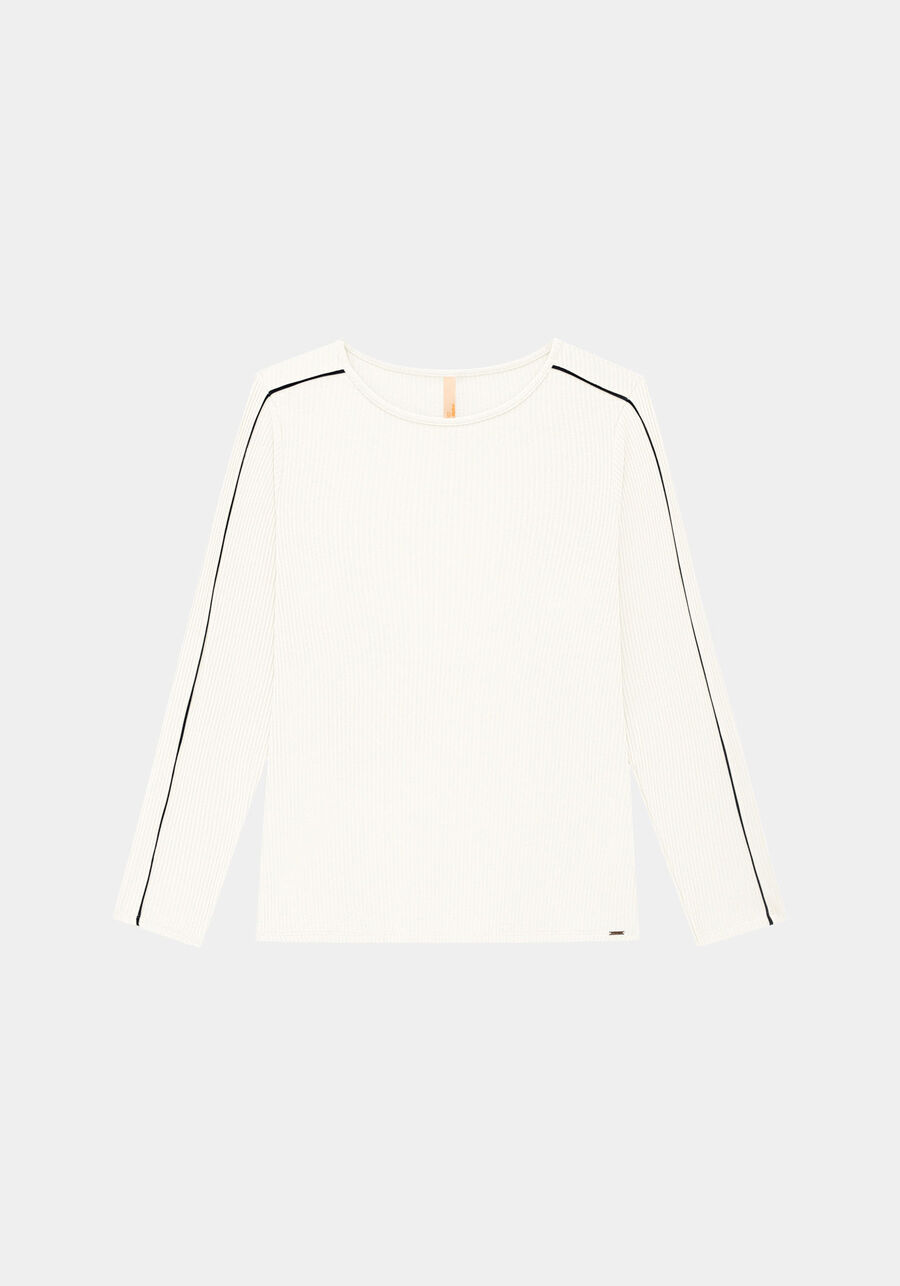 Blusa Manga Longa Canelada com Filetes, BRANCO OFF WHITE. Blusa Manga Longa Canelada com Filetes, BRANCO OFF WHITE, large.