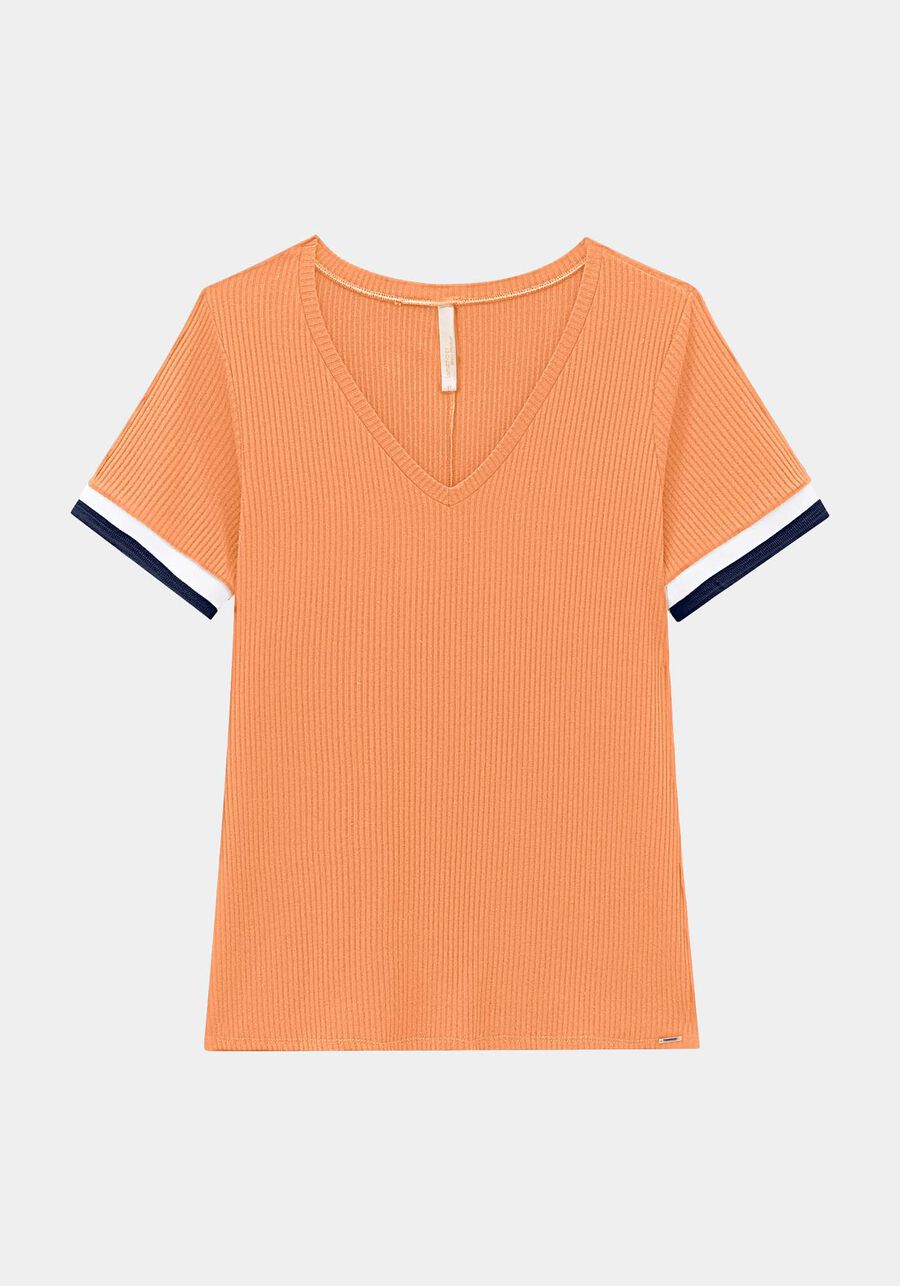 Blusa Canelada Decote V Plus Size, LARANJA BOUQUET. Blusa Canelada Decote V Plus Size, LARANJA BOUQUET, large.