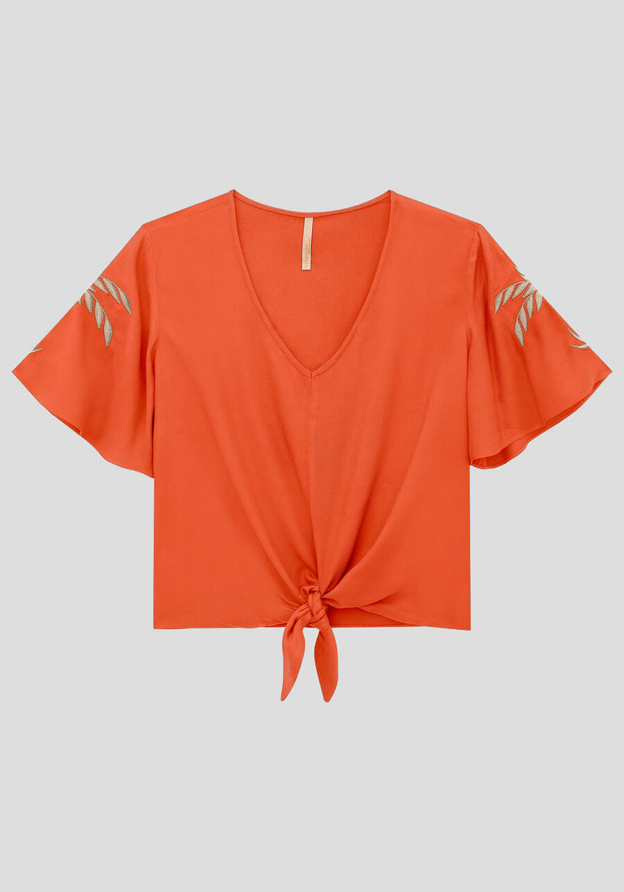 Blusa Plus Size em Viscose com Bordado e Laço, LARANJA MAMAO. Blusa Plus Size em Viscose com Bordado e Laço, LARANJA MAMAO, large.
