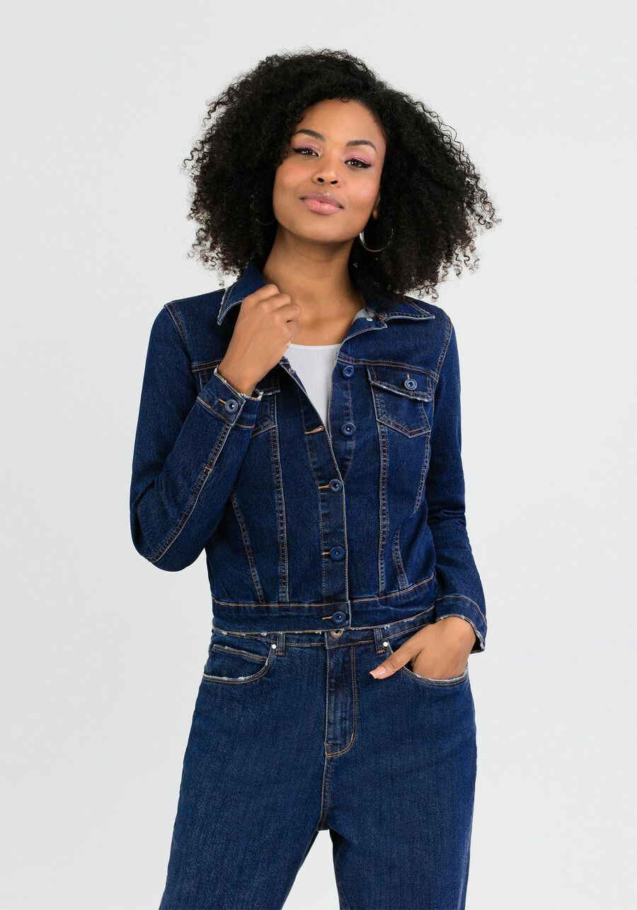 Jaqueta Jeans com Elastano Manga Longa, JEANS ESCURO. Jaqueta Jeans com Elastano Manga Longa, JEANS ESCURO, large.