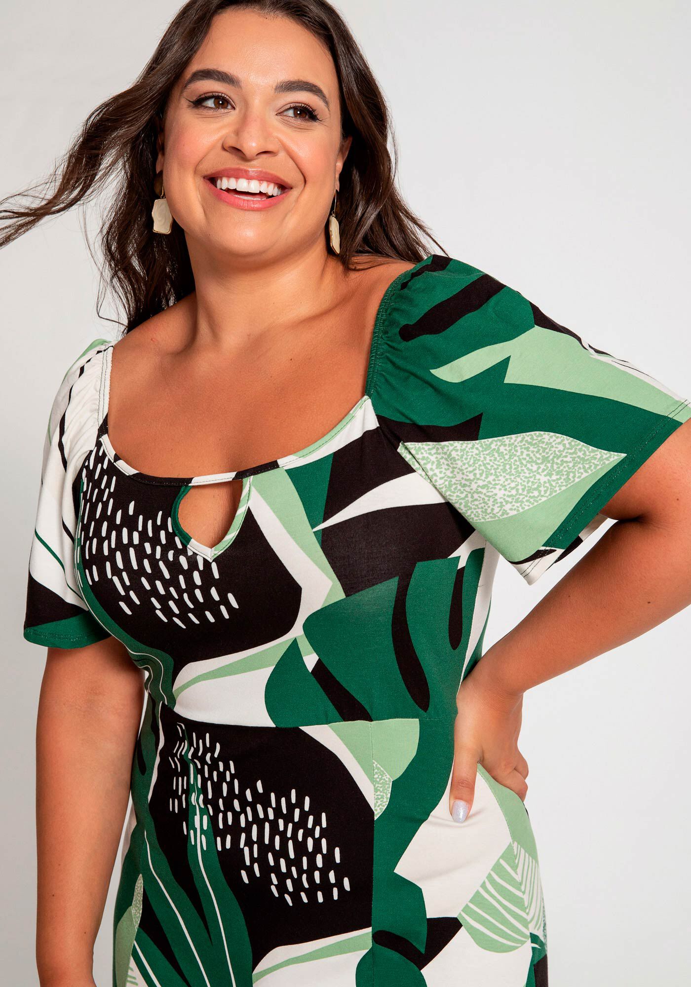 Vestido Midi Estampado Plus Size, PRETO REATIVO, large.