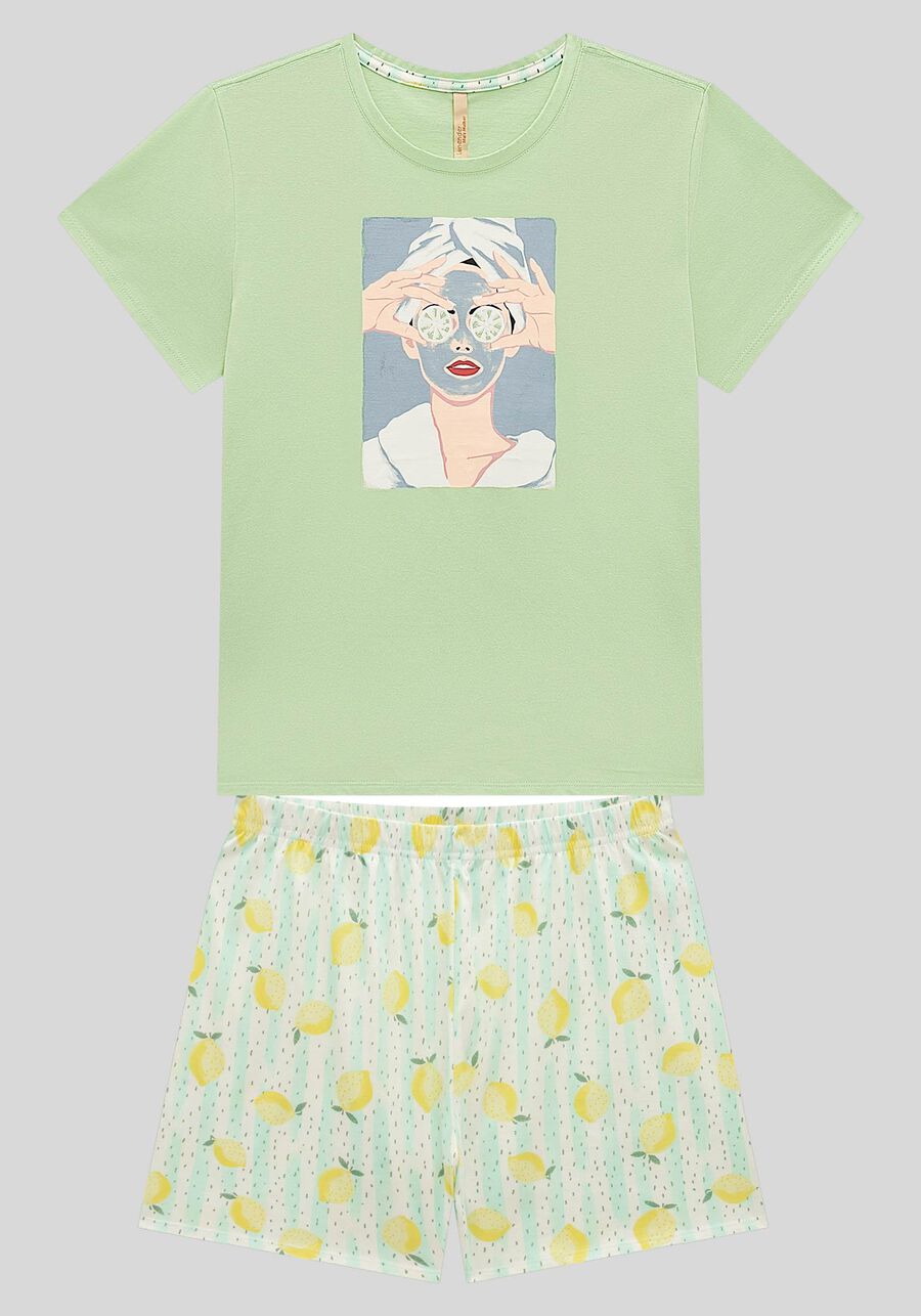 Pijama Curto Plus Size em Malha Estampado, SICILIA VERDE. Pijama Curto Plus Size em Malha Estampado, SICILIA VERDE, large.