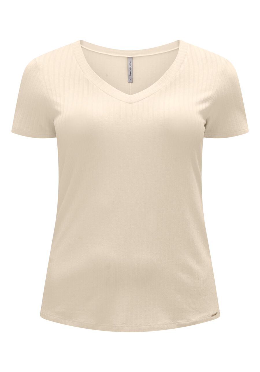 Blusa Básica Em Malha Canelada Com Mangas Curtas E Decote V, BEGE SYSTEM. Blusa Básica Em Malha Canelada Com Mangas Curtas E Decote V, BEGE SYSTEM, large.