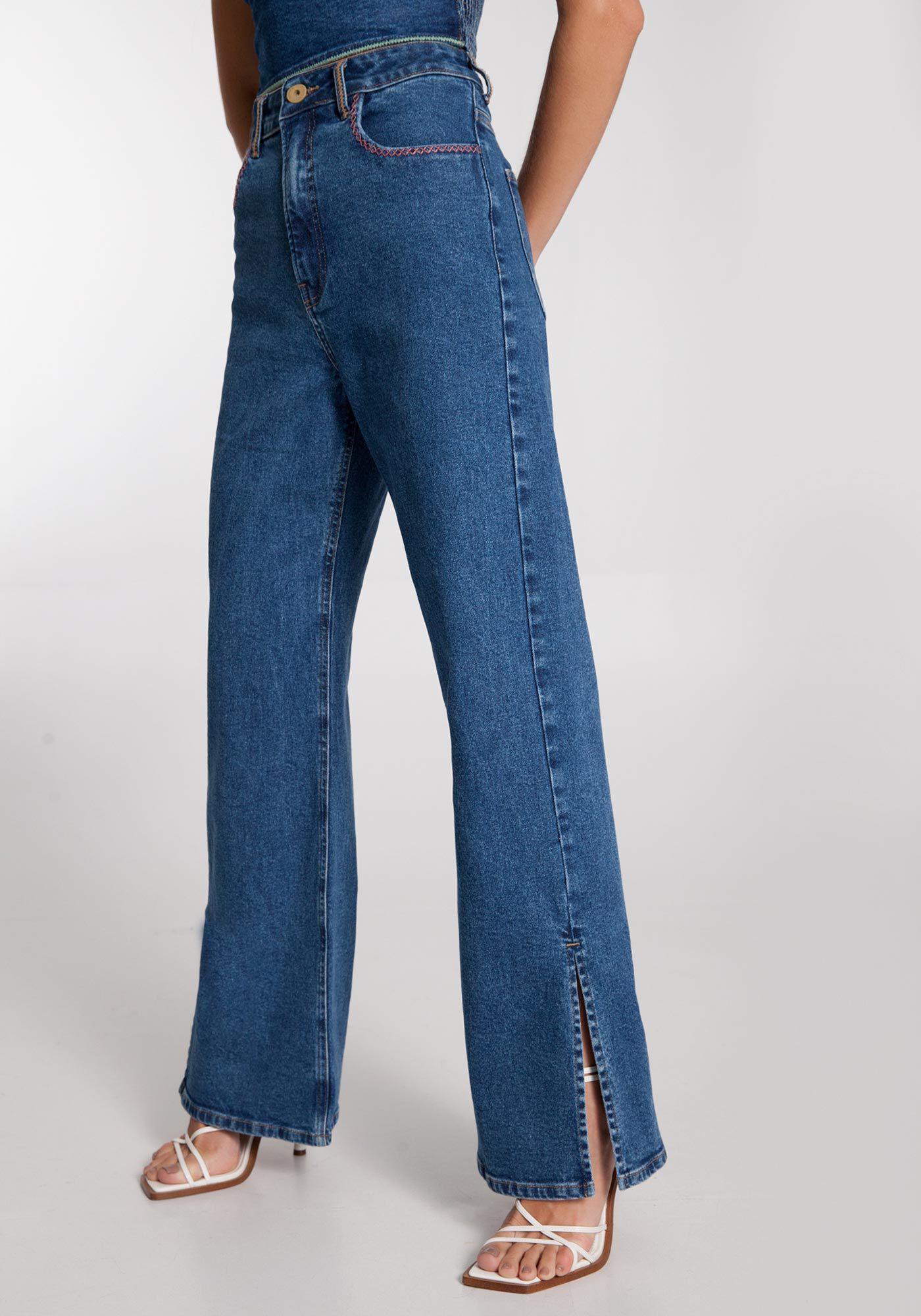 Cal&ccedil;a Jeans Wide Leg Chapa Barriga com Bordado, , large.