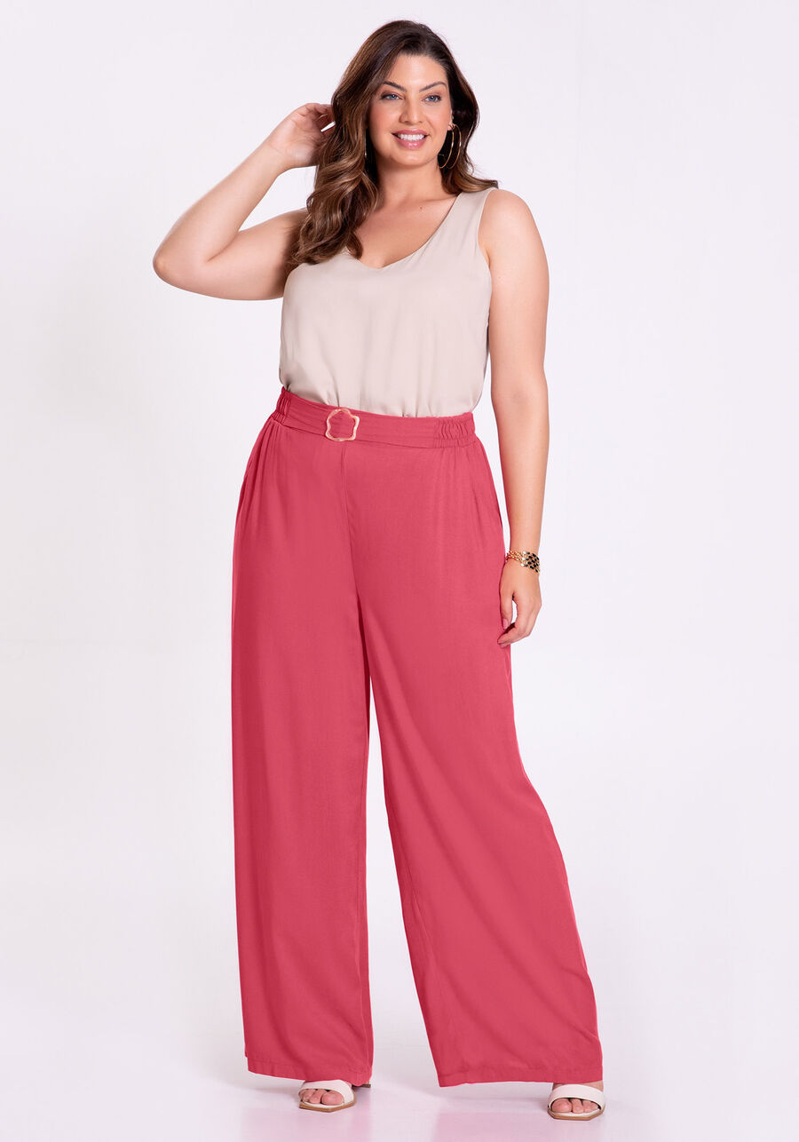 Calça Wide Leg Plus Size em Viscose com Detalhe Cinto, ROSA MORENA. Calça Wide Leg Plus Size em Viscose com Detalhe Cinto, ROSA MORENA, large.
