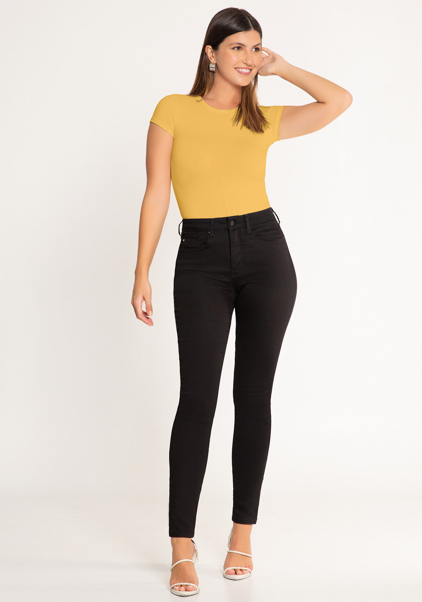 Blusa B&aacute;sica de Mangas Curtas Em Malha De Algod&atilde;o E Elastano, , large.