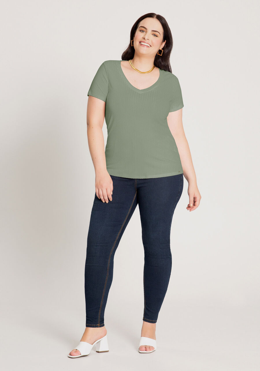 Blusa Básica Em Malha Canelada Com Mangas Curtas E Decote V, . Blusa Básica Em Malha Canelada Com Mangas Curtas E Decote V, , large.