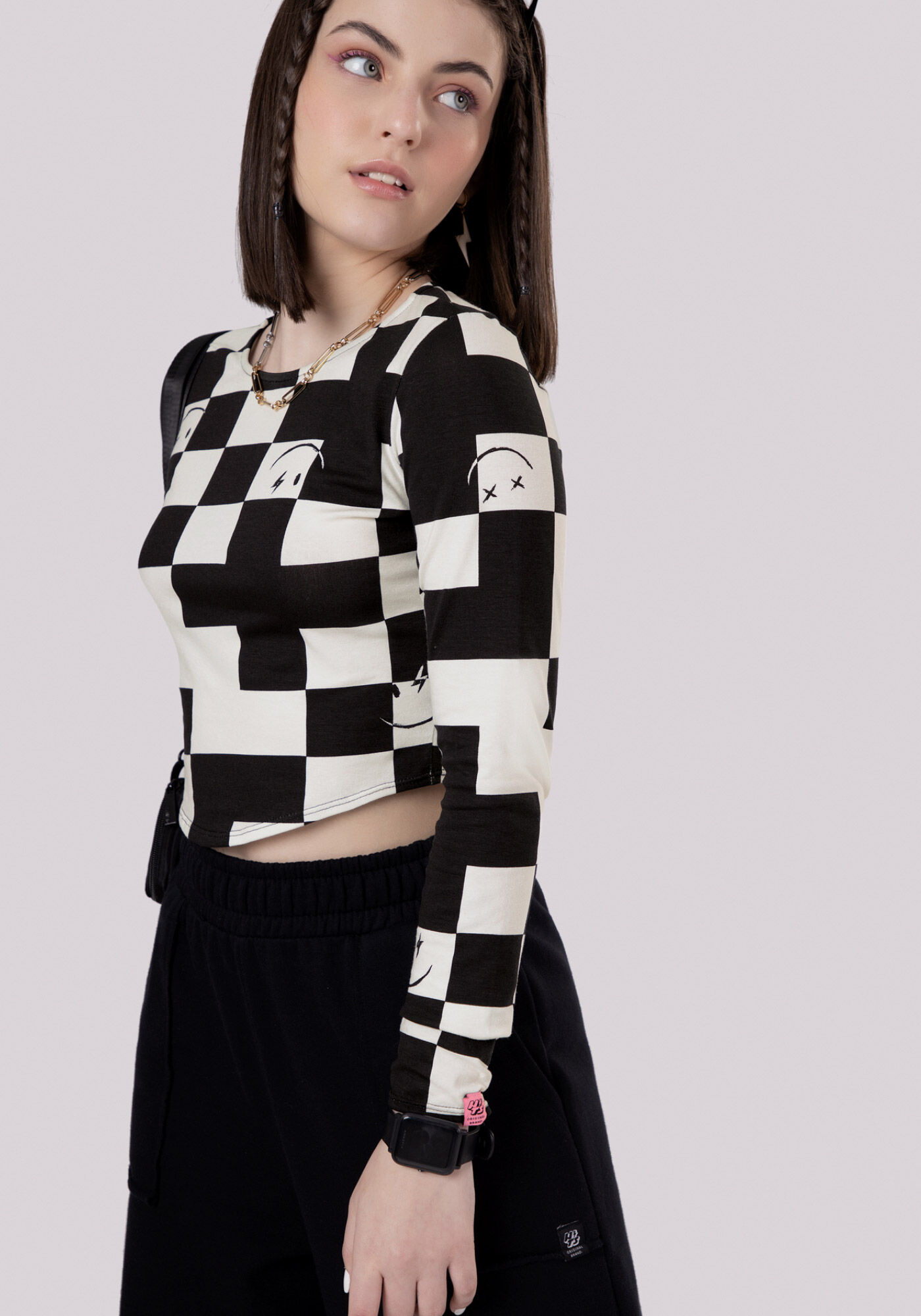 Blusa Manga Longa Juvenil com Estampa Grid, FUNNY GRID PRETO, large.