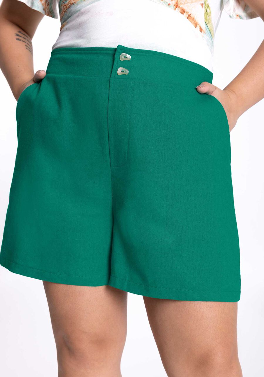 Shorts Plus Size em Linho com Bolsos, VERDE GLIMMER, large.