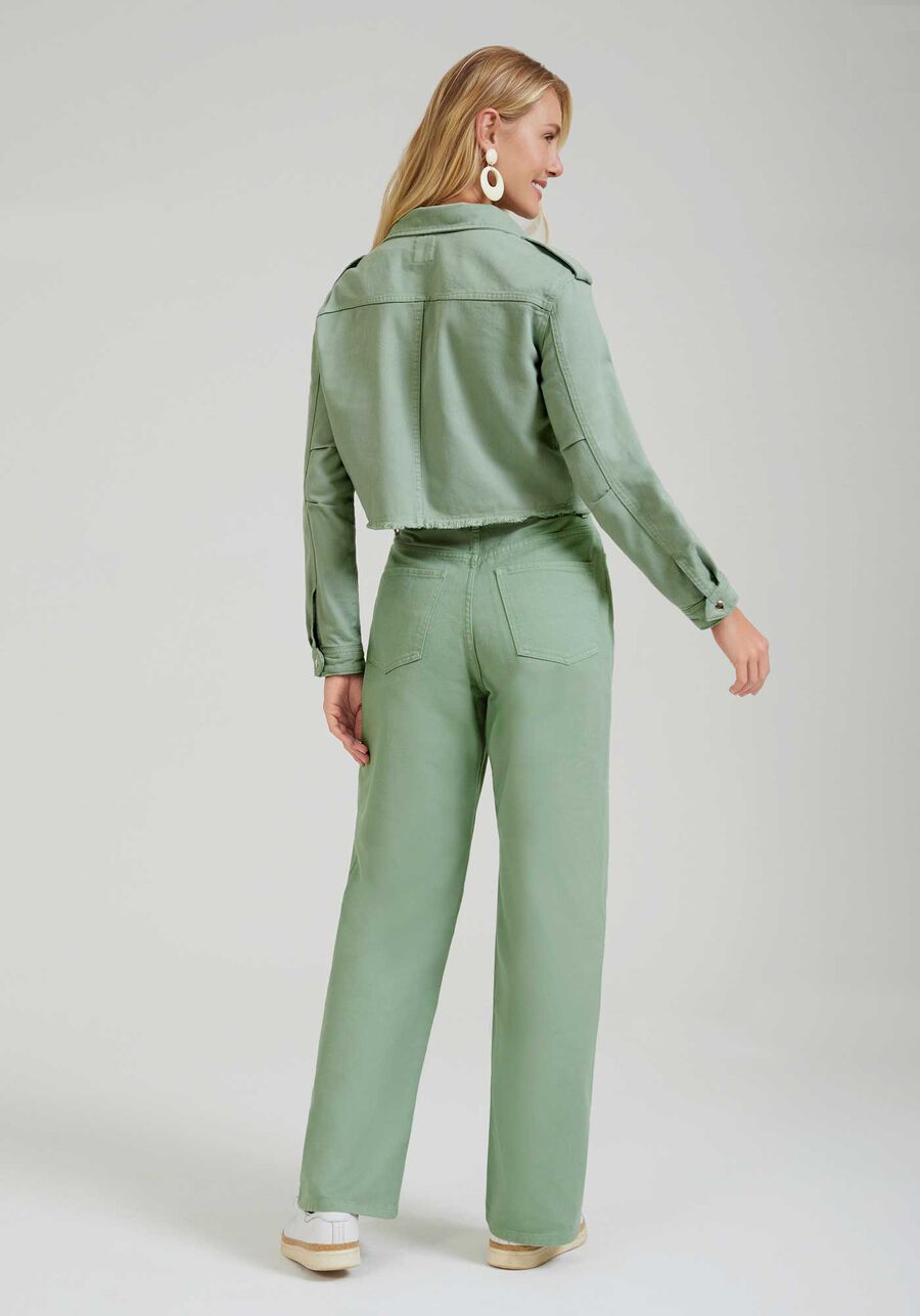 Jaqueta Sarja Cropped com Zíper, VERDE MINERAL. Jaqueta Sarja Cropped com Zíper, VERDE MINERAL, large.