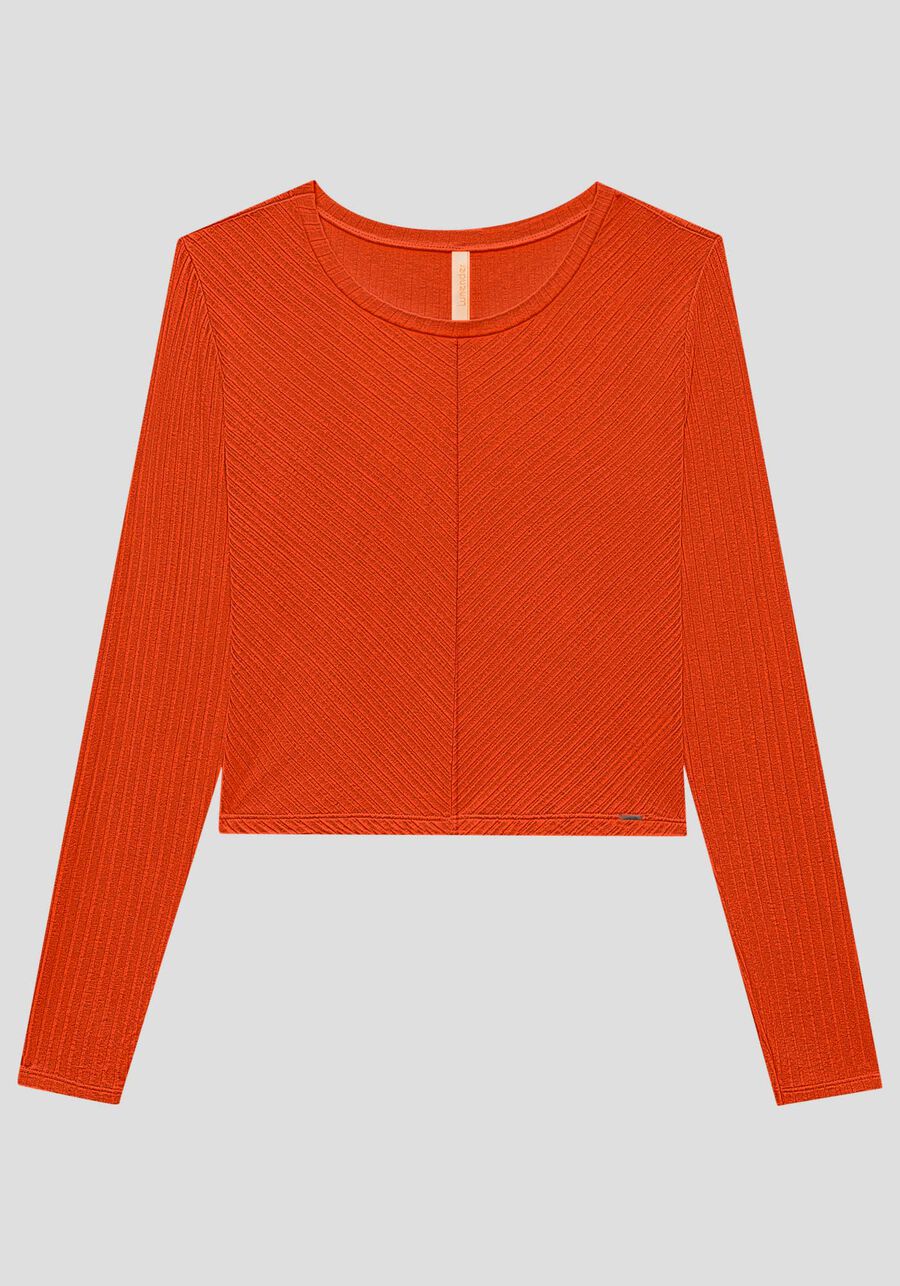 Blusa De Mangas Longas Com Gola Redonda Em Malha Canelada, LARANJA HAPPILY. Blusa De Mangas Longas Com Gola Redonda Em Malha Canelada, LARANJA HAPPILY, large.