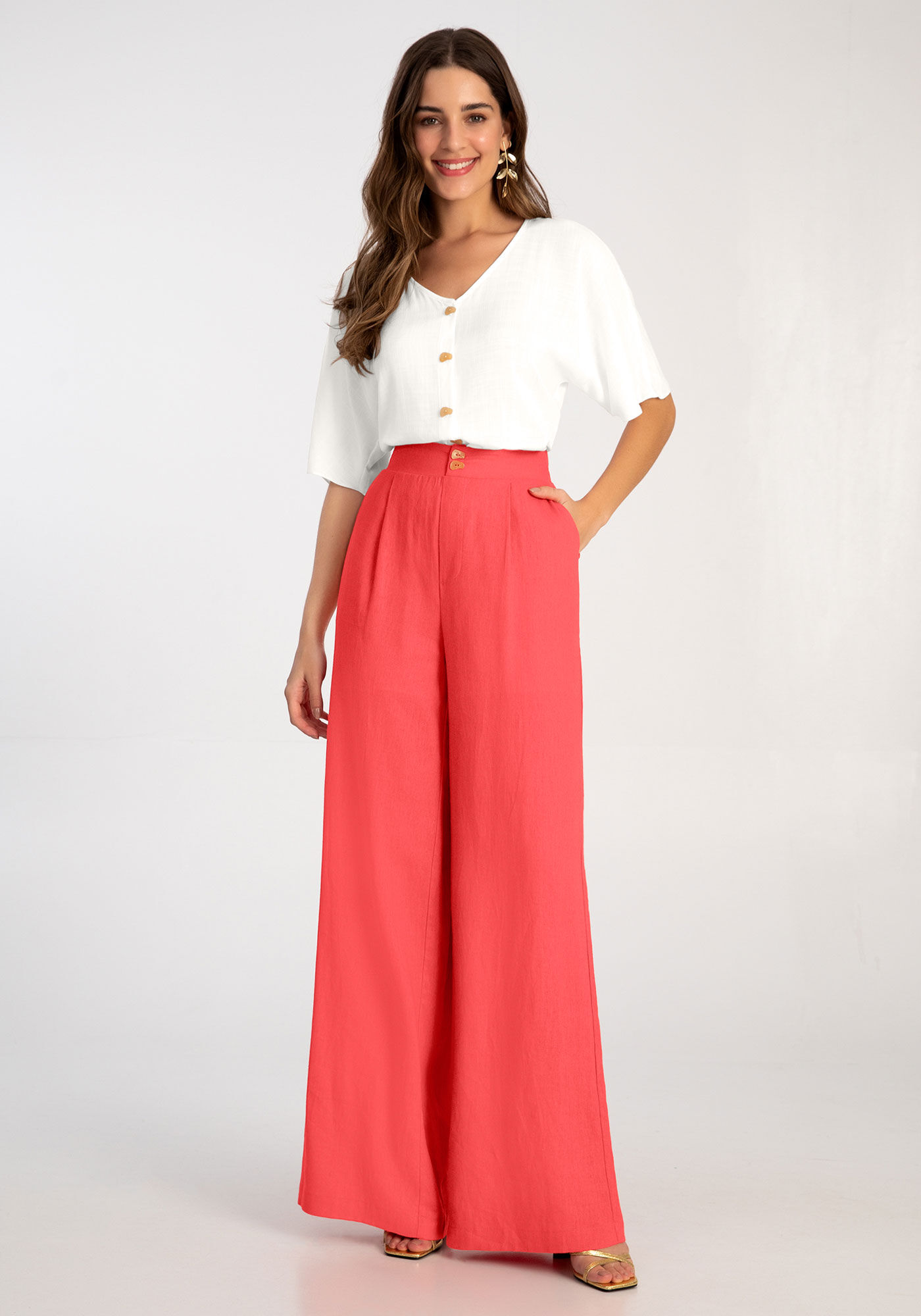 Camisa Manga Curta em Viscose com Decote V, , large.