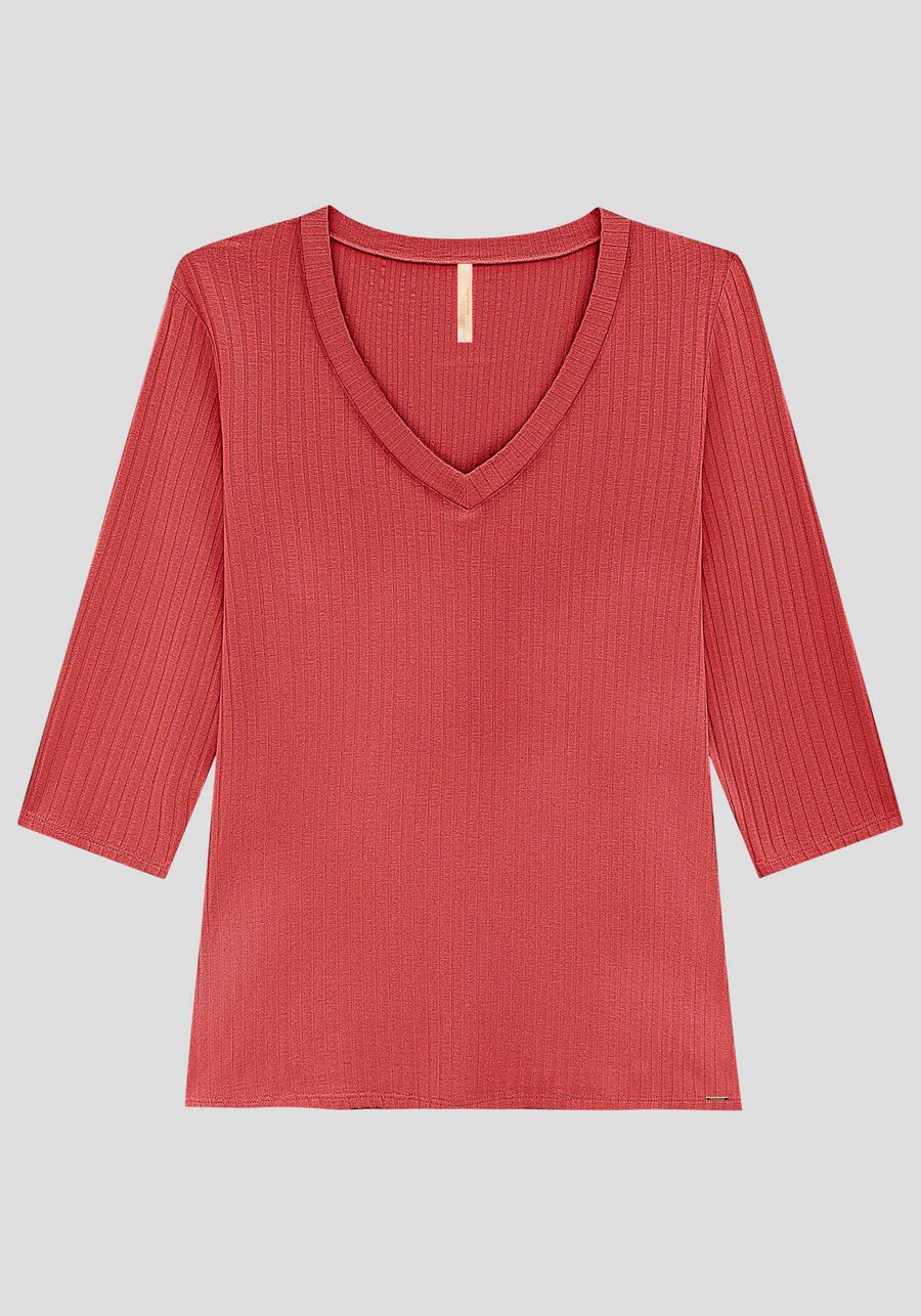 Blusa Plus Size Canelada Mangas 3/4 Básica, VERMELHO CEDRO-ROSA, large.